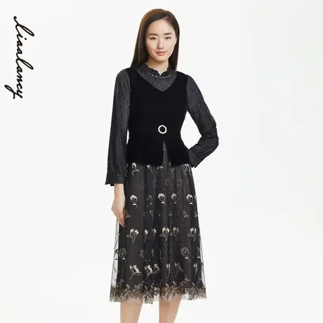 朗姿春季新款连衣裙朗姿优雅修身拼接刺绣假礼服连衣裙图片