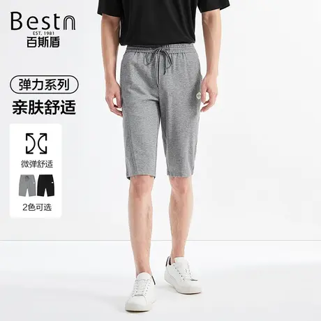 百斯盾男装针织休闲裤2024春季新款舒适拼接提花时尚六分慢跑裤商品大图