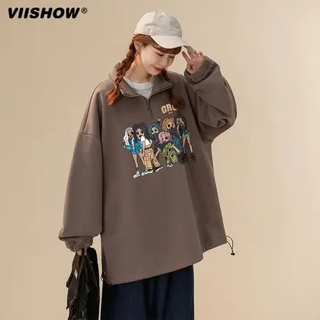 VIISHOW奶咖色半拉链polo翻领卫衣男春秋hiphop潮牌美式复古外套商品大图