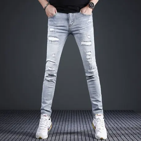 潮牌破洞牛仔裤男款修身小脚夏季2024新款浅色补丁潮流弹力男裤子商品大图