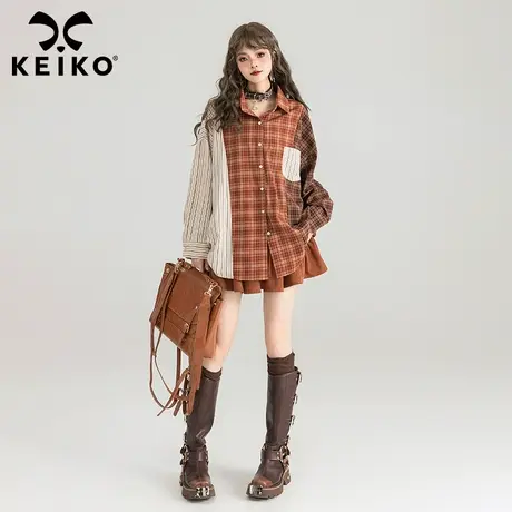 KEIKO 复古拼色格子长袖衬衫女2024春夏设美拉德慵懒宽松休闲上衣商品大图