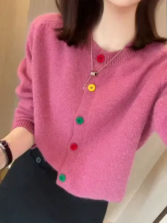 韩系减龄气质彩虹单排扣圆领针织开衫上衣秋冬新款慵懒风小众毛衣商品大图