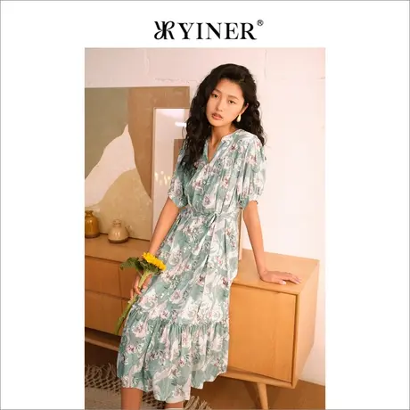YINER音儿女装夏季印花含桑蚕丝收褶收腰连衣裙商品大图