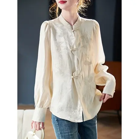 宝诗黎新中式刺绣拼接衬衫2024春季新款气质高级感提花百搭衬衣女图片