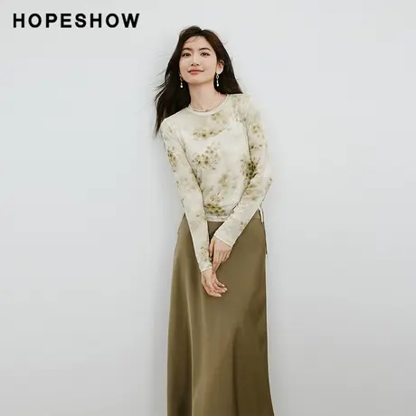 红袖时尚抽绳套头上衣女hopeshow2024春季新款设计感印花短款长袖商品大图
