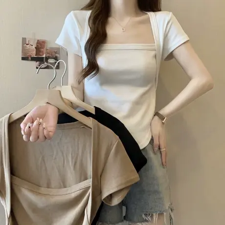 方领正肩短袖T恤女早春夏装韩版百搭修身显瘦短款上衣半袖潮ins商品大图