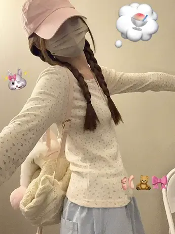 碎花正肩长袖t恤女秋季内搭打底衫修身小众设计感又甜又辣上衣ins商品大图