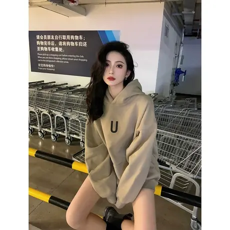加绒卫衣女秋冬连帽宽松大码港风chic美式复古小众设计感外套潮商品大图