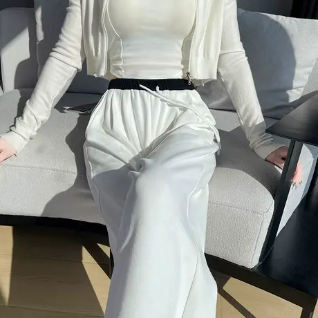 白色撞色阔腿针织拖地裤女2024春夏新款高腰显瘦直筒休闲运动卫裤图片