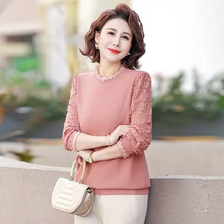 年轻妈妈春装韩版洋气打底衫中老年女新款蕾丝纱长袖上衣T恤小衫图片