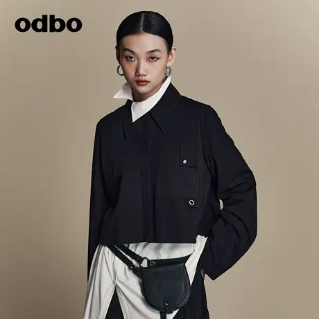 odbo 黑色褶皱尖领短款长袖衬衫女2023年春季新品设计感小众上衣图片