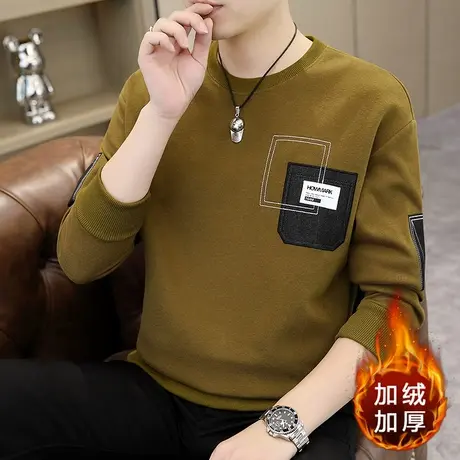 加绒加厚秋冬季圆领长袖T恤男士卫衣潮流百搭青年保暖打底衫秋衣商品大图