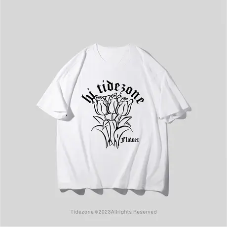 Ohlyah无性别花卉字母玫瑰印花白色短袖纯棉内搭情侣装T恤男潮牌图片