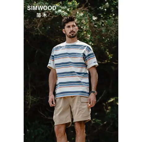Simwood简木男装【超宽松版型】310g重磅条纹复古做旧圆领短袖T恤图片