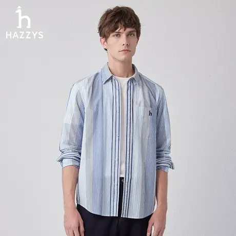 【泡泡纱】Hazzys哈吉斯春夏新品长袖衬衫棉条纹撞色休闲男衬衣潮图片