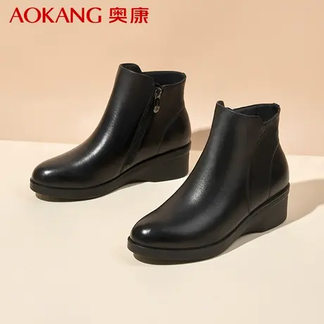 奥康女靴冬季加绒坡跟保暖真皮中老年妈妈皮棉鞋休闲时装短靴商品大图
