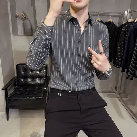 春秋季高级感灰色条纹衬衫男士长袖商务休闲衬衣男人修身免烫寸衫商品大图