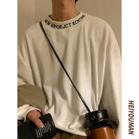 秋冬季德绒内搭打底衫男宽松刺绣字母领口休闲长袖T恤百搭上衣服商品大图