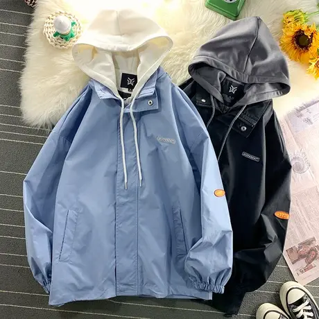 潮牌假两件外套男秋冬季连帽男士夹克港风潮流宽松开衫休闲上衣服商品大图