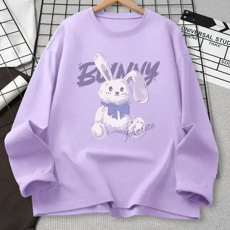 秋季纯棉长袖t恤女2023新款宽松薄款女装上衣紫色小兔圆领打底衫商品大图