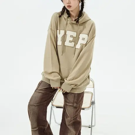 YEP字母发泡印花连帽卫衣女春秋2023新款美式复古宽松情侣装外套商品大图