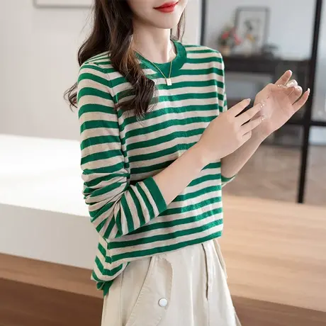 针织衫女初秋2023新款秋装韩版圆领宽松条纹薄款女上衣早秋穿搭商品大图