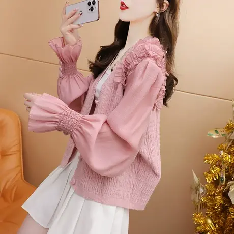 雪纺拼接针织开衫女2023新款秋季洋气减龄宽松设计感短款针织外套图片