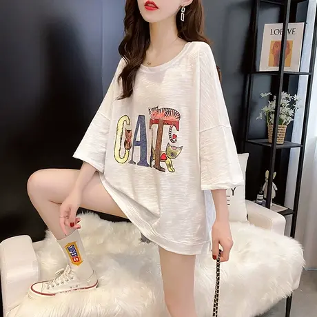 纯棉短袖T恤女装宽松2023年新款秋季洋气中长款设计感打底衫爆款商品大图