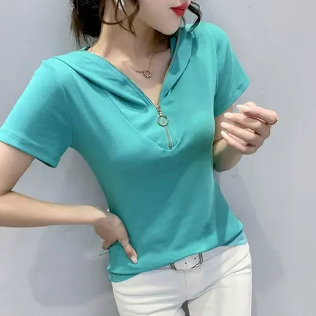 拉链连帽T恤女短袖薄款带帽女装夏半袖修身上衣ins潮时尚休闲体恤商品大图