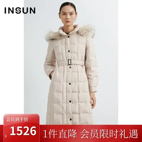 恩裳2022冬季潮流格纹肌理感收腰保暖毛领鸭绒羽绒服商品大图