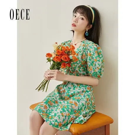 Oece甜美碎花裙2023春夏新款女法式裙子V领泡泡连衣裙图片