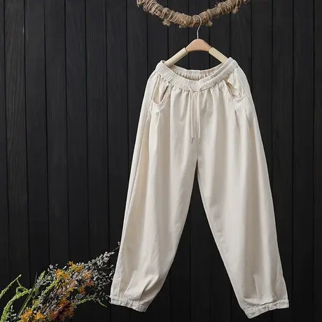 松紧腰系带宽松大码休闲长裤女士2023春季新款纯色显瘦棉质哈伦裤图片