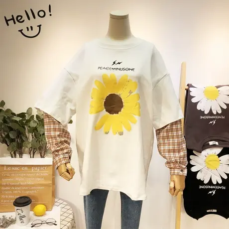 2020春新款韩国东大门ins潮花朵宽松T恤拼接格子衬衫袖假两件大码商品大图