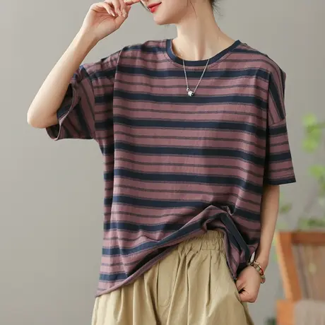 dza文艺复古条纹纯棉T恤女2023夏季薄款短袖体恤宽松显瘦打底上衣商品大图