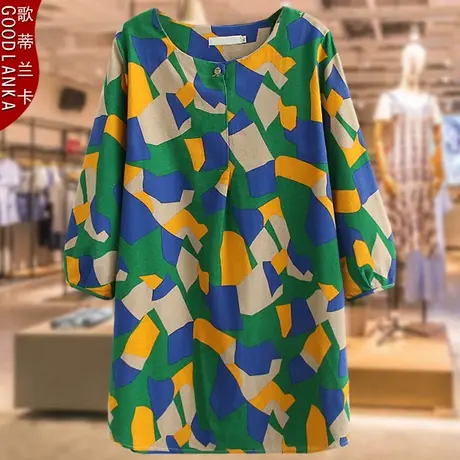 中老年妈妈夏装中袖棉麻连衣裙花色加肥加大码女装遮肉中长款上衣商品大图