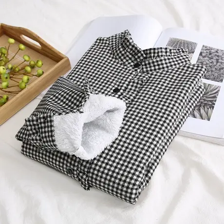 2019冬新款韩版黑白格子衬衫女加绒长袖木耳边休闲加厚打底衬衣商品大图