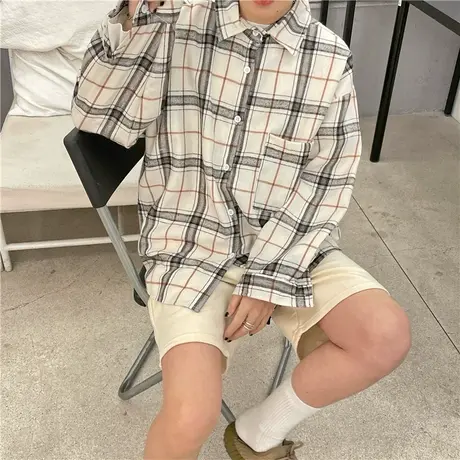 红续~2023春装新款韩版复古格子ins百搭宽松盐系少女长袖衬衫衬衣图片