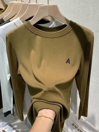 欧货加绒打底衫女秋冬内搭2022新款洋气刺绣修身上衣磨毛长袖t恤图片