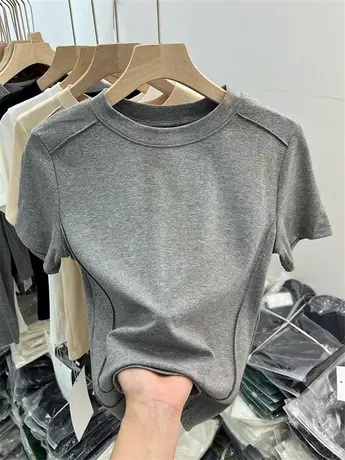 设计感明线短袖T恤清新简单针织衫女2023春新款百搭时尚打底上衣商品大图