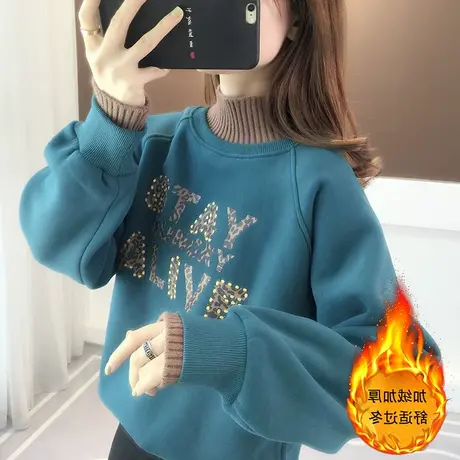 半高领卫衣女秋冬韩版宽松bf慵懒风ins加绒加厚设计感小众外套潮图片