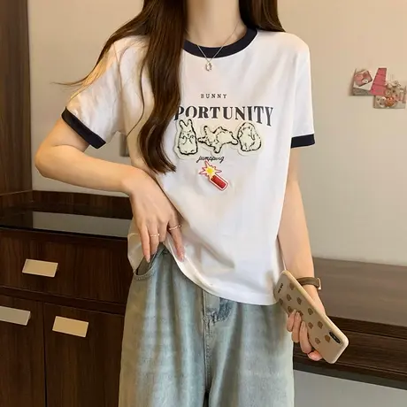 设计感小众短袖t恤女夏季2023新款宽松休闲百搭正肩上衣短款体恤图片