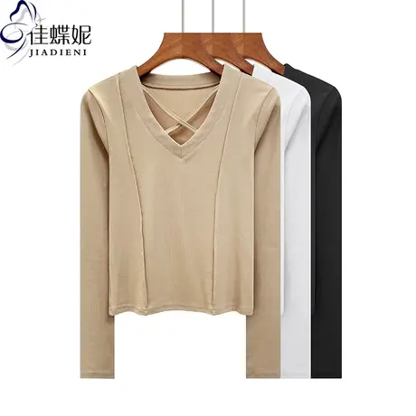春秋新款韩版V领修身压线小心机纯棉纯色长袖体恤上衣内搭女打底商品大图