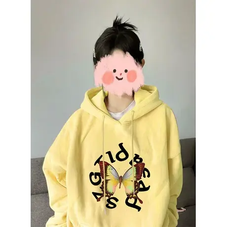 蝴蝶印花设计感卫衣女春秋季薄款美式连帽宽松慵懒风上衣外套大码商品大图
