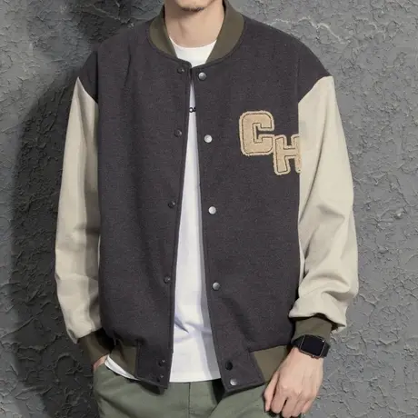 秋冬季棒球服男夹克日系潮牌拼色毛巾绣宽松抓绒刺绣外套飞行教练图片