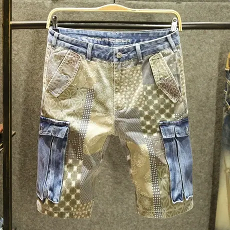 夏季薄款个性印花工装口袋短裤男潮牌时尚撞色百搭休闲牛仔五分裤商品大图