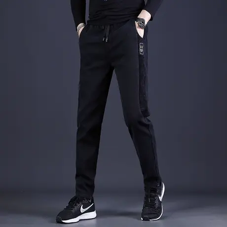 黑色牛仔裤男2023新款修身小脚秋冬季加绒拼接弹力男士裤子松紧腰商品大图