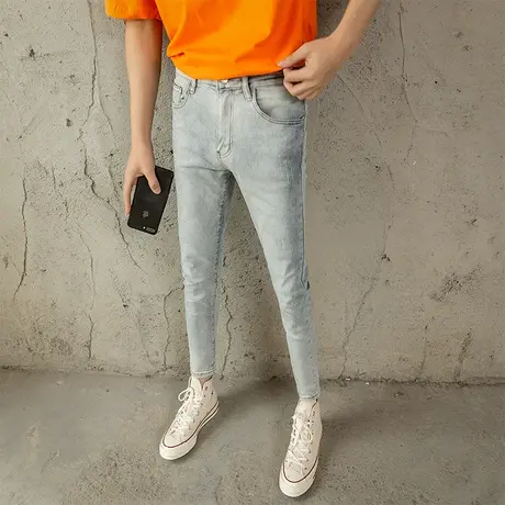 2023夏季新款复古蓝色牛仔裤男韩版修身小脚裤时尚显瘦薄款九分裤商品大图