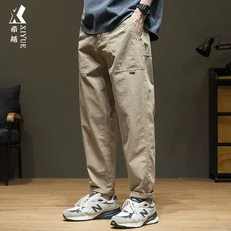 希越夏季日系卡其色休闲裤男款宽松大码胖子秋季长裤直筒百搭裤子商品大图