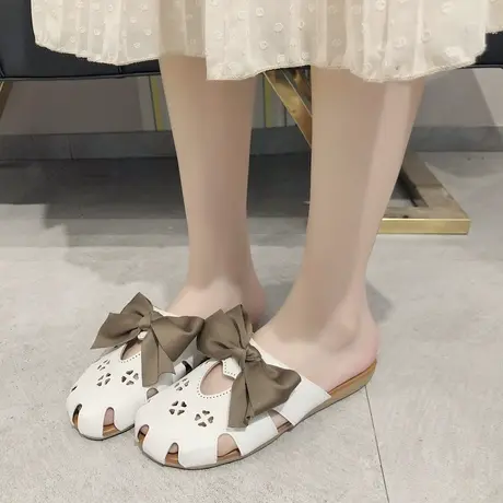 包头拖鞋女夏2023新款韩版百搭蝴蝶结学生平底半拖鞋外穿网红凉拖商品大图