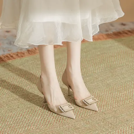 包头凉鞋女2023年夏季新款法式水钻气质纯色职业鞋不累脚尖头细跟商品大图